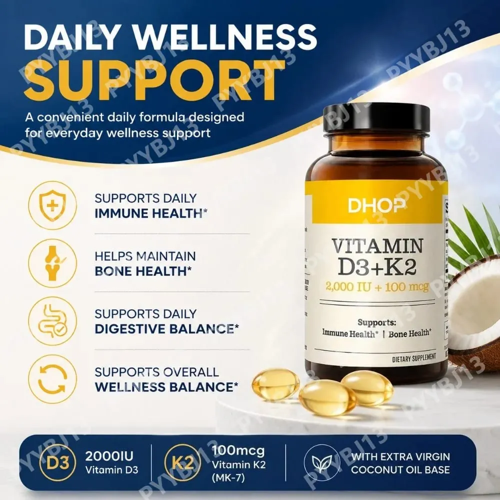Vitamin D3+K2 Capsules 2000 IU + 100 Mcg - Bone Health & Immune Support Calcium Absorption Daily Wellness Formula 90ct — image 3