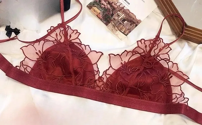 Francouzská krajka Bralette bezdrátová podprsenka s trojúhelníkovým košíčkem pro ženy Elegantní sada spodního prádla Tenká ramínka Malá náprsenka MOYISU — image 12