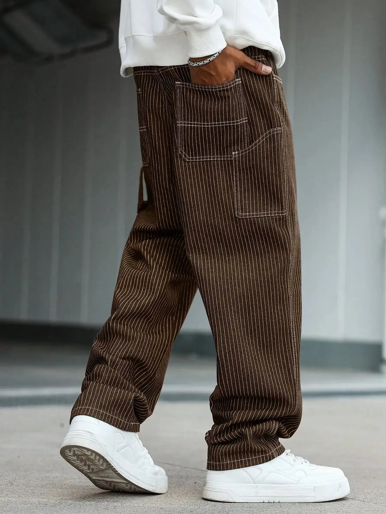 Men's vintage brown-and-white thin pinstripe loose wide-leg denim trousers Y2K workwear street-style unisex casual jeans — image 2