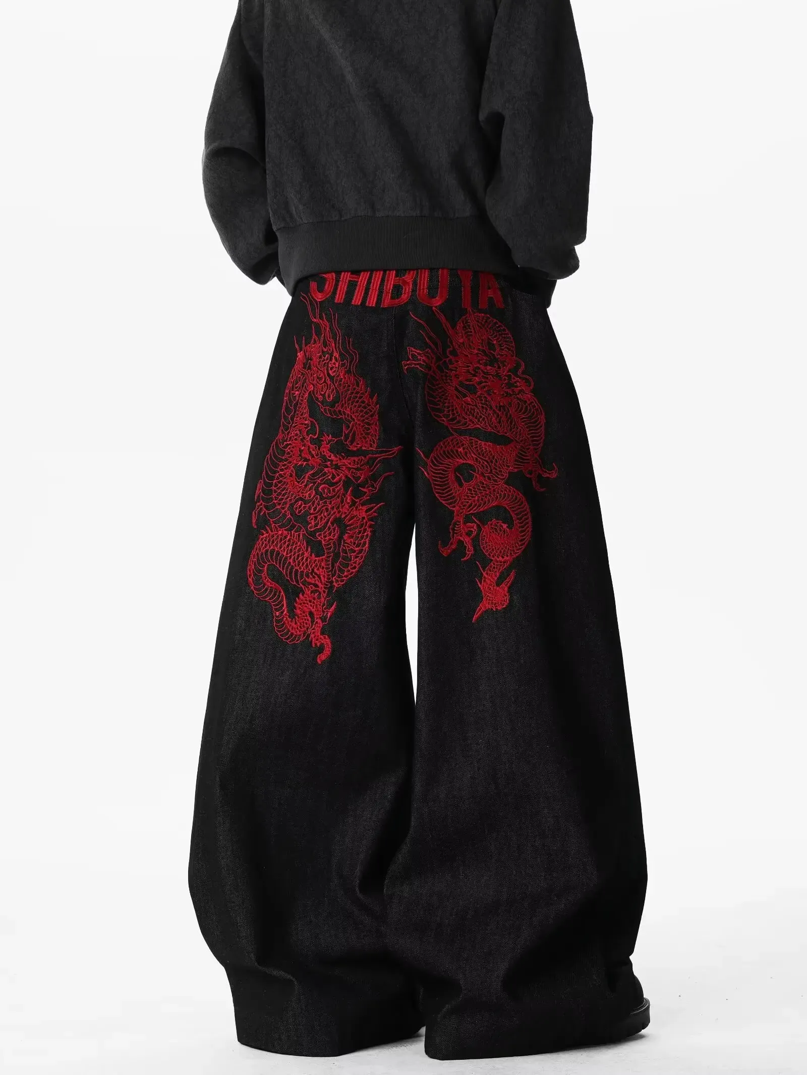 American retro embroidered pattern hip-hop jeans suitable for both men and women Y2K street cool floor length wide leg pants — image 3