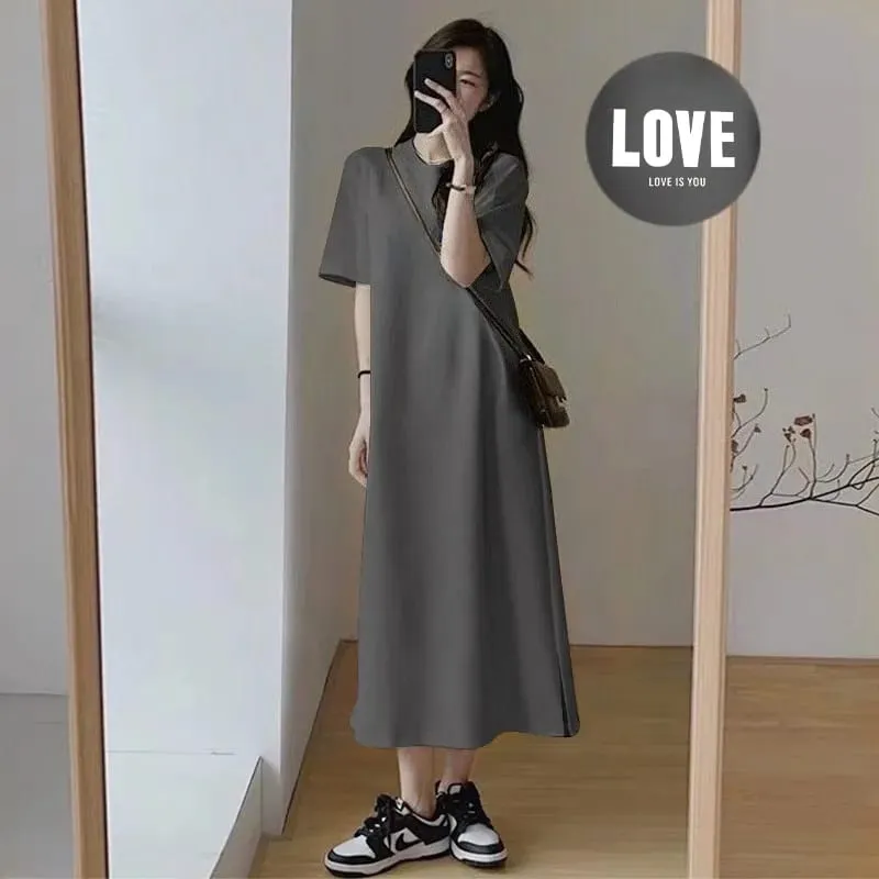 Women Plus Size LOVE Print Casual Maxi Dress Side Split Short Sleeve O-neck Loose T-shirt Dress