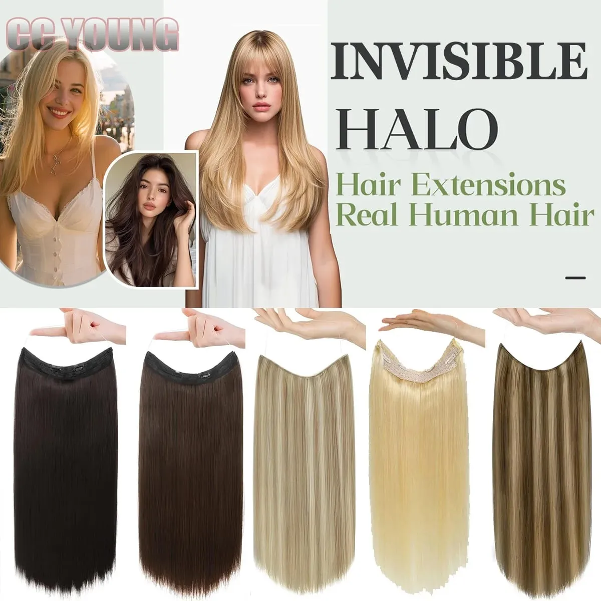 Invisible Halo Hair Extensions Real Human Hair Fish Wire Adjustable Band Secret Clip-in Extension for Women Chocolate Brown — image 1
