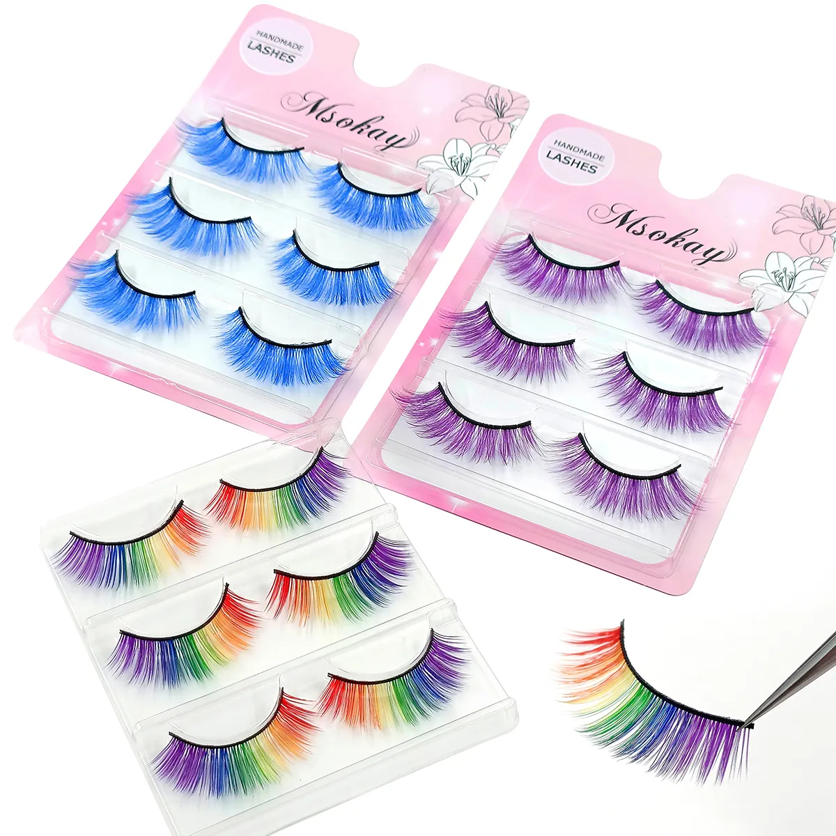 3 Pairs Rainbow Colored Eyelashes Brown Cosplay False Eyelashes Blonde Makeup Eye Lashes Colorful Blue Halloween Vegan Cilias