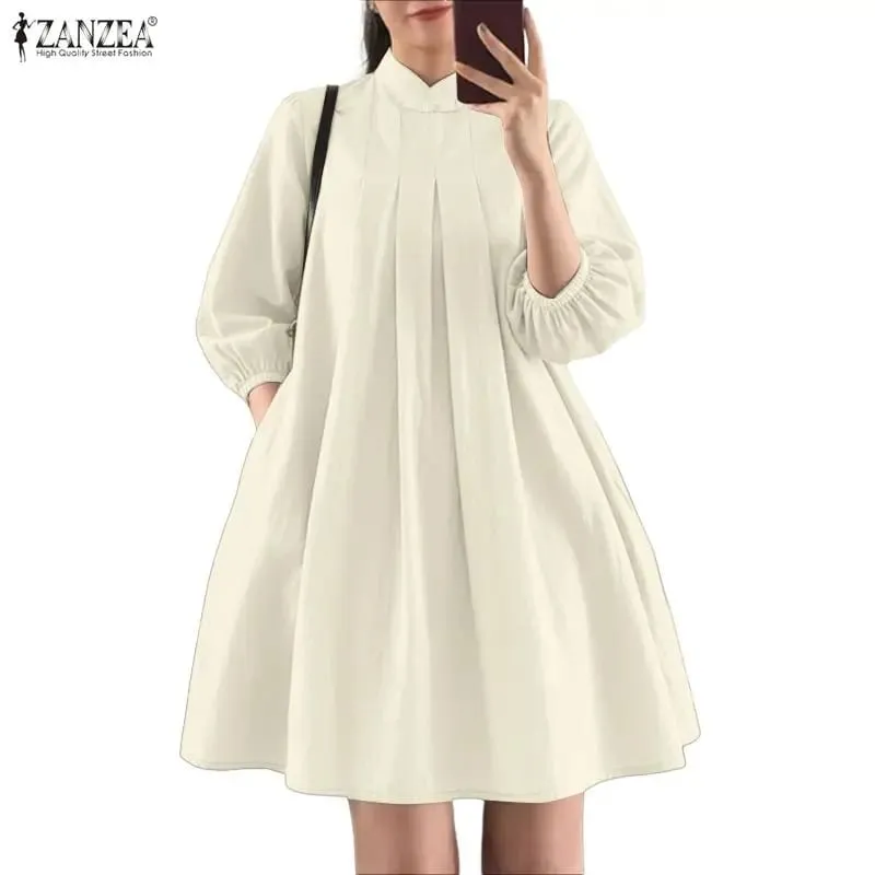 Summer Women's Elegant Pleated Dresses Stand Collar 3/4 Puff Sleeve Crinkled A-Line Knee-Length Dress Casual Robes Femme