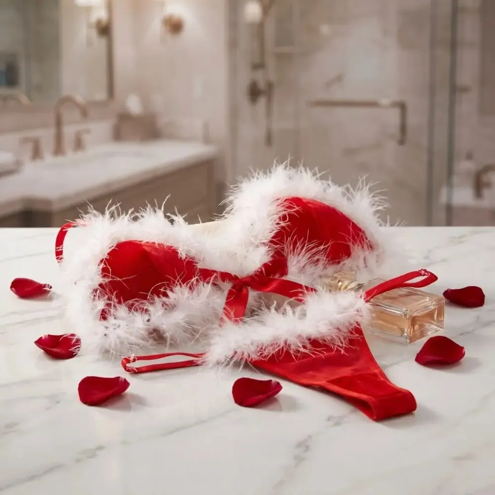 Christmas Furry Women's Underwear Wireless Mesh Transparent Lingerie Set Romantic Intimate Bow Decor Bra Panties Suit Home — image 4