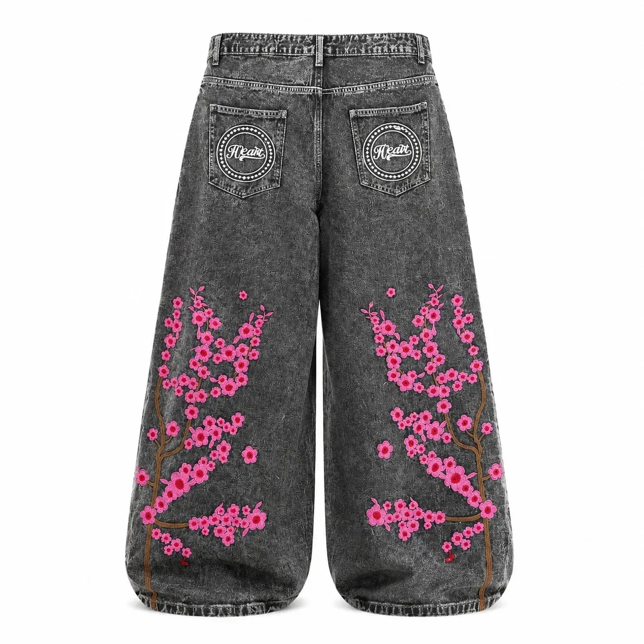 UP.THE Men Baggy Wide Leg Jeans Vintage Washed Black Gray Denim Pants Y2K Loose Cherry Blossom Embroidery Heart Letter Print Streetwear Jeans for Daily Hip Hop Casual Outfits — image 2