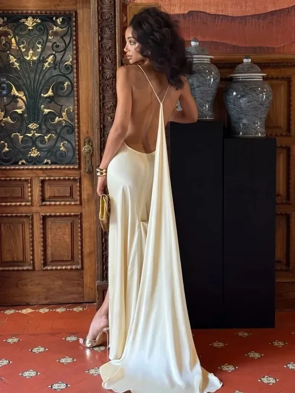 Solid Thin Spaghetti Strap Cowl Neck Slip Long Dress Women Sleeveless High Slit Slim Fitted Evening Gowns Elegant Party Outfit