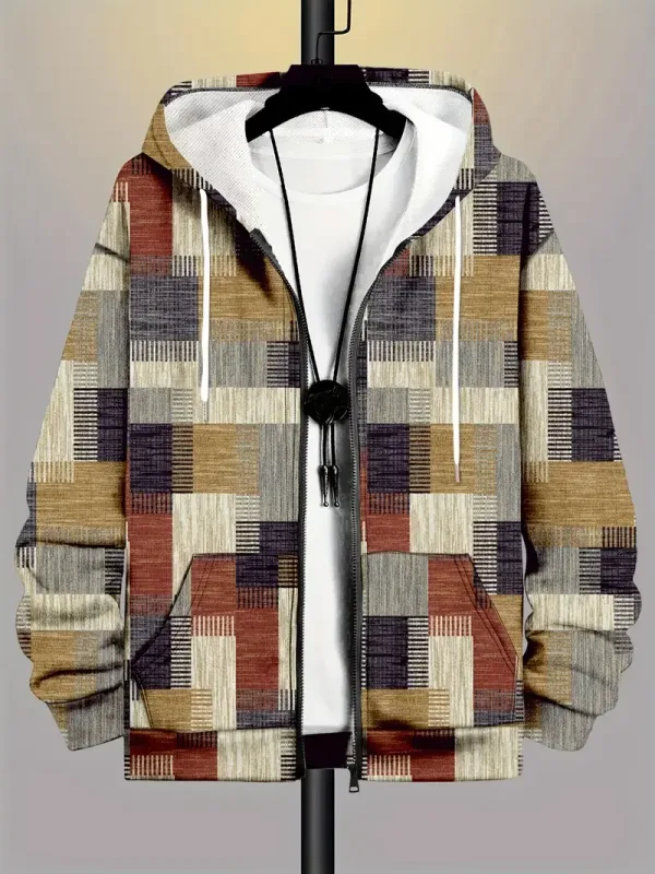 Retro Plaid Print Patchwork Zip Up Hoodie Men's Clothing Hot Style Long Sleeve Pullover Trend Streetwear Men Zip Up Hoodies — image 11
