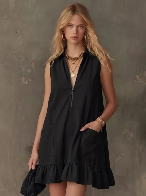 Women Sleeveless Zip V Neck Mini Dress Collared Ruffle Hem A Line Loose Dress with Pockets Summer Casual Dresses
