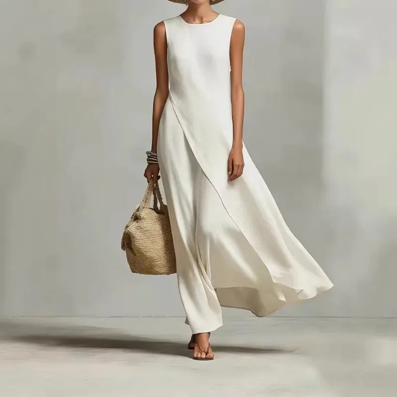 Womens New O Neck Loose Maxi Dress Casual Asymmetrical Hem Long Dresses Elegant Sleeveless Summer Beach Vacation Sundress Female