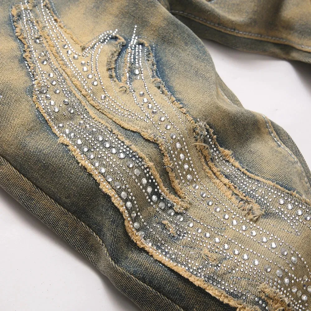 Men's Crystal Patch Denim Jeans Streetwear Rhinestone Boot Cut Pants Vintage Retro Blue Slim Flared Trousers — image 4