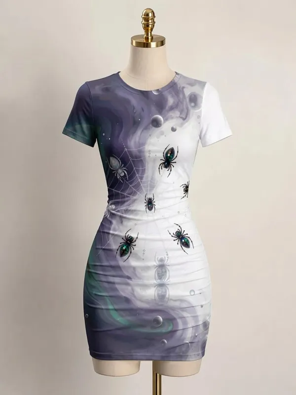 Womens Short Sleeve Bodycon Mini Dress Slim Fit Crew Neck Floral Print Casual Summer Party Cute Trendy Flattering Party Sundress — image 12