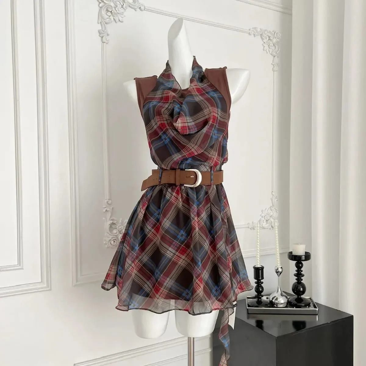 Elegant French Style Mini Dress Neck Hanging Unusual Plaid Women's Slimming Waist Dress Summer New Arrival Polka Dot Skirt — image 2