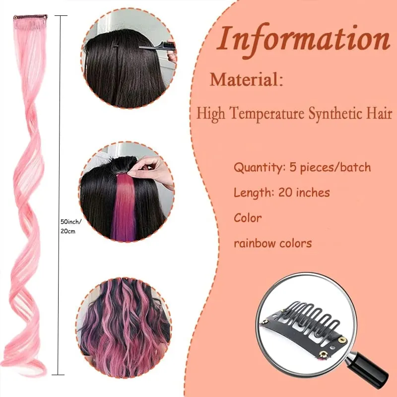 Colorful Hair Extensions Wavy Accessories Party Highlights Clip on Synthetic Rainbow Wigs Children's Favorite Gift (5 pieces ) — image 2