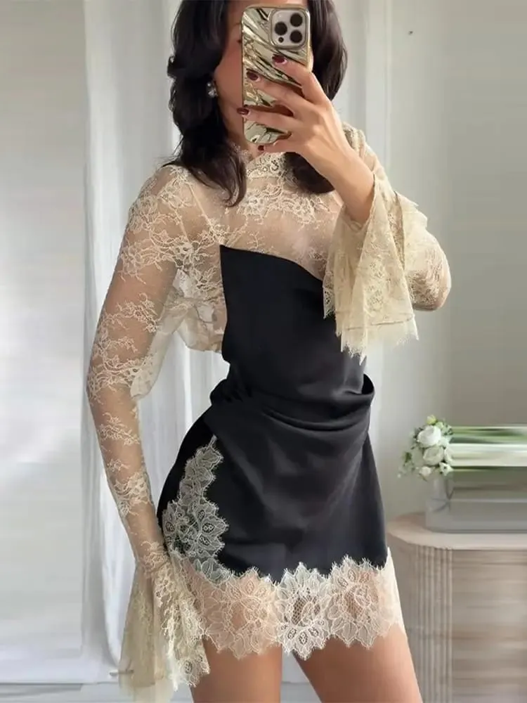 Elegant Satin Floral Lace Patchwork Mini Dress For Women Irregular Hem Long Sleeve Dresses Lady 2026 Chic Evening Party Vestidos — image 3