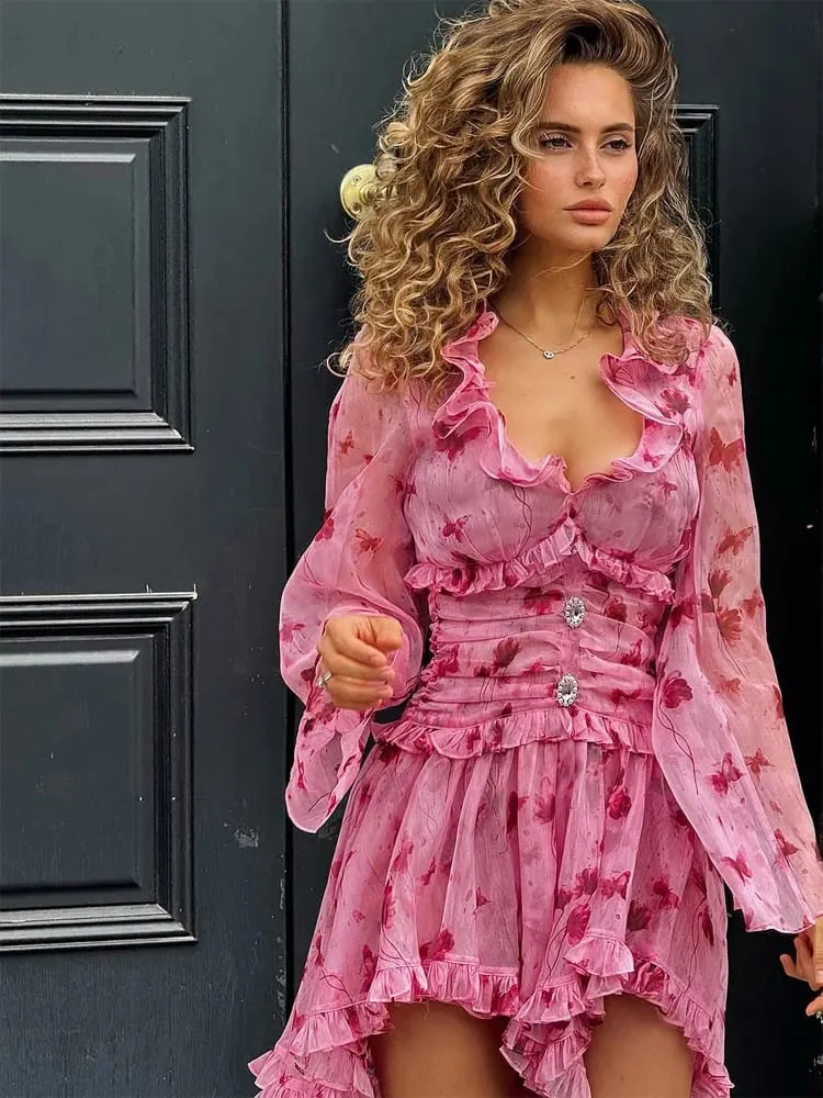 Deep V-neck Slim Short Dress Lady Casual Floral Print Long Puff Sleeve Ruched Hem Bodycon Dresses Women Party Vacation Gown — image 3