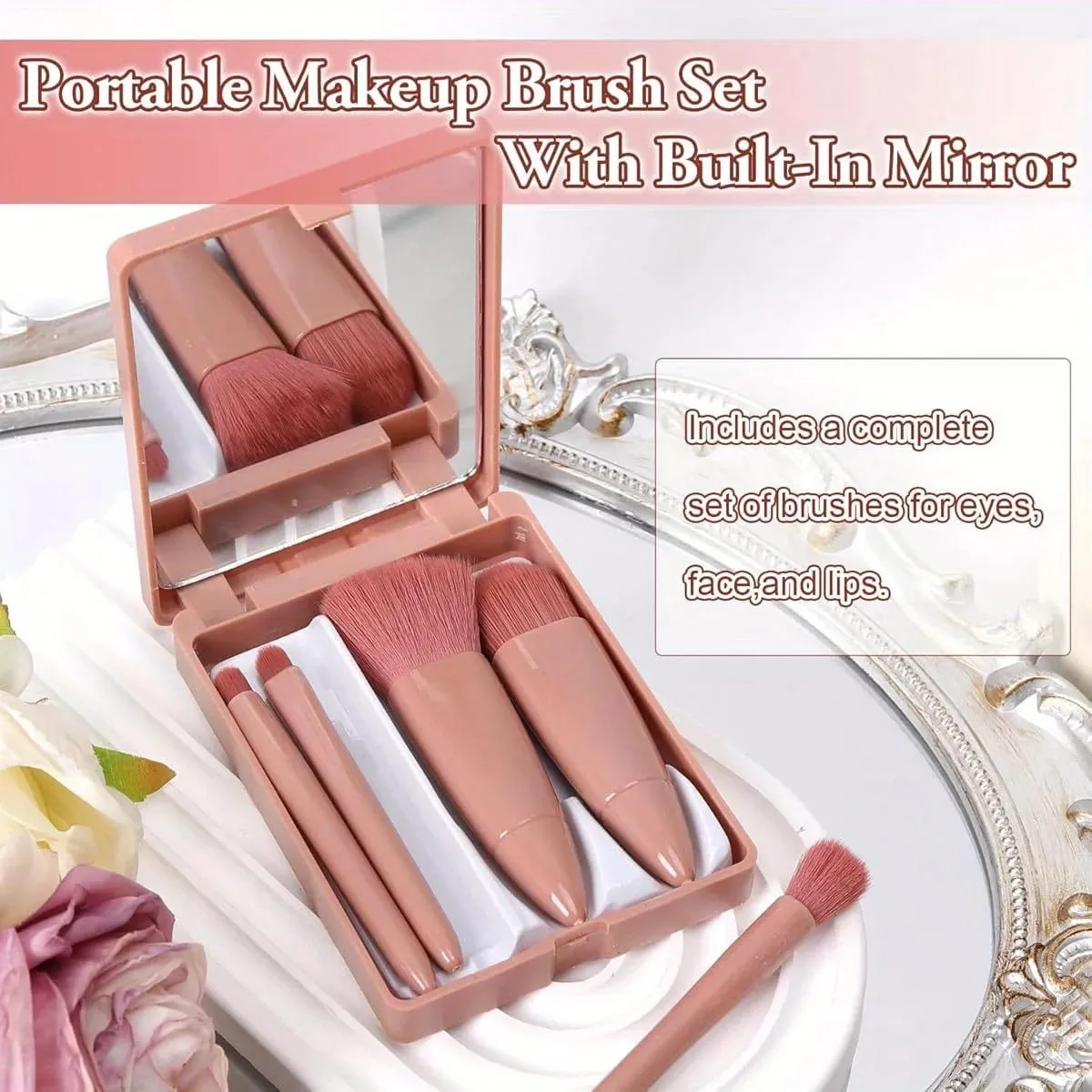 Mini 5-Piece Portable Makeup Brush Set With Mirror - Makeup Brush Travel Set Eyeshadow Brush Tool — image 5