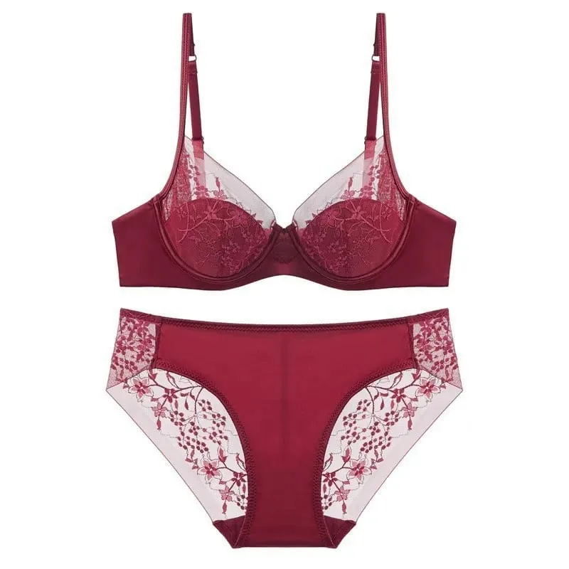 Thin Cup Lightly Lined Mesh Floral Lace Push-up Bra and Panties Set Beautiful Underwear for Woman Brassiere Sexy Lingerie — image 2
