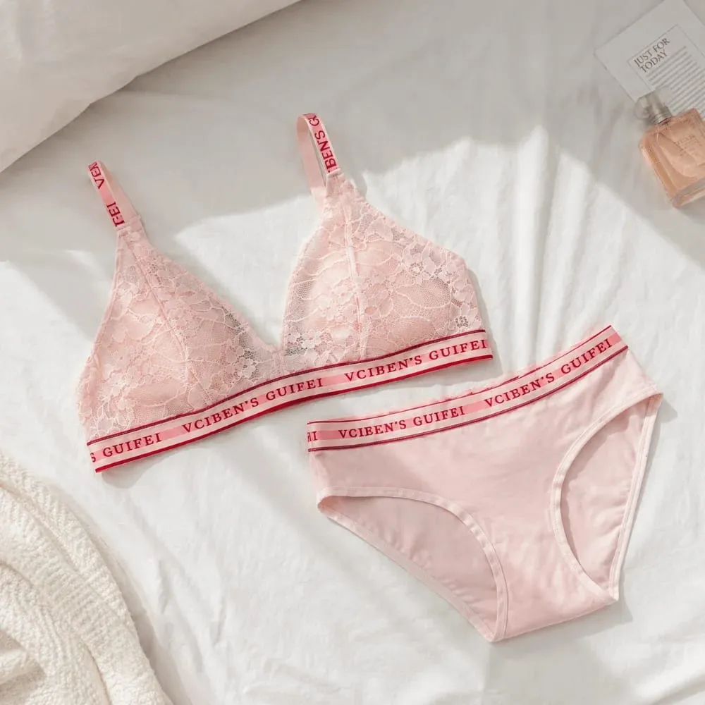 Breathable Letter Design Lingerie Set Deep V Wireless Women Underwear Suit Lace Color Blocking Bra Panties Set Daily — image 2