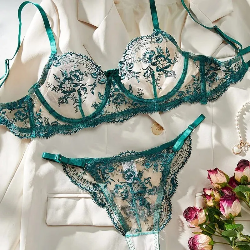 Lace Embroidery Ultra Thin Cup Bra Set Sheer Mesh Sleepwear for Big Bust Women S-XL Push Up Hot Sale 2026 32-38 S-XL Bra Set — image 3