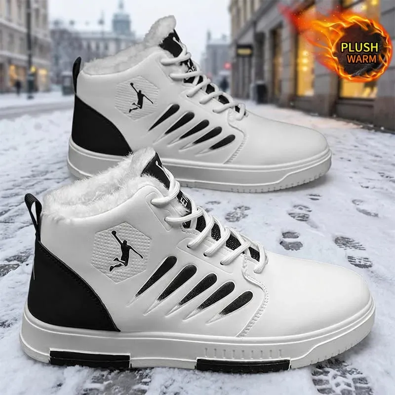 Men Winter Fleece Lined High‑top Sneakers Lace‑up Leather Upper Non‑slip Sole Warm Casual Skate Shoes For Daily Wear — image 2