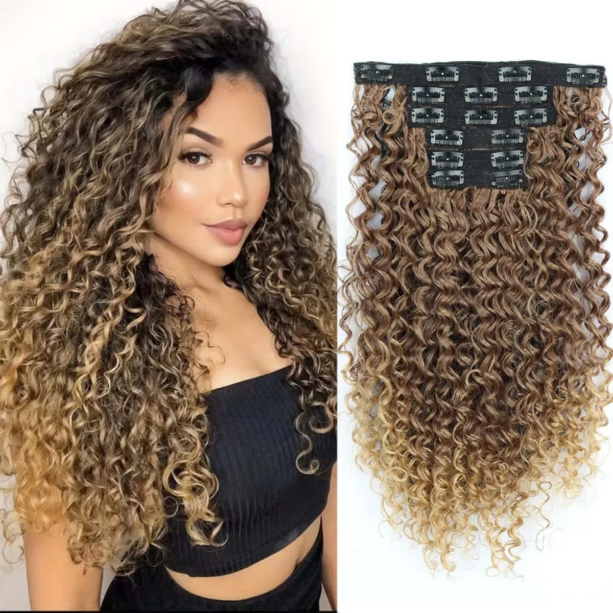 16 Clip In Hair Extensions Synthetic Kinky Curly Full Head Fake Pieces Brown Black Hair Extensions Suitable For Black Women — image 2