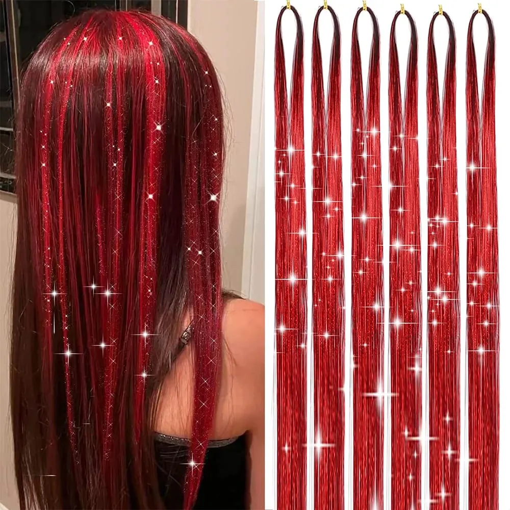 Hair Tinsel Kit 6 Pcs 2000 Strands Silver Tinsel Hair Extensions Fairy Hair Tinsel Heat Resistant Sparkly Shiny Synthetic Hair