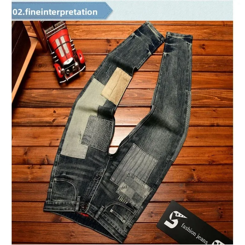 Retro and nostalgic patchwork design jeans for men trendy and fashionable street men's clothing slim fit small foot long pants — image 6