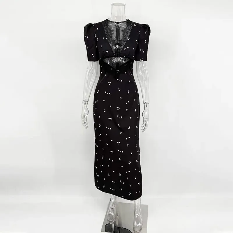 Sexy Hollow Lace Dress Women's Fashion Short Sleeve Elegant High Waist Slim Print Dress Summer Party Club Clothes Female