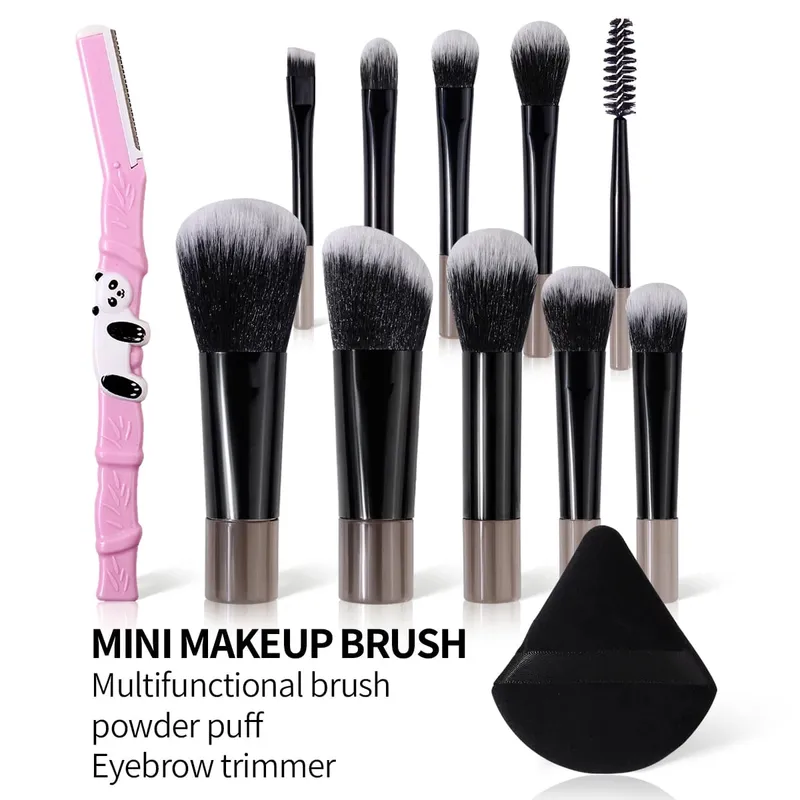 Hot Sale 10PCS Mini Travel Makeup Brush Set Multi-Function Face Eye Brushes with Triangle Makeup Puff & Pink Bamboo Decor Eyebr