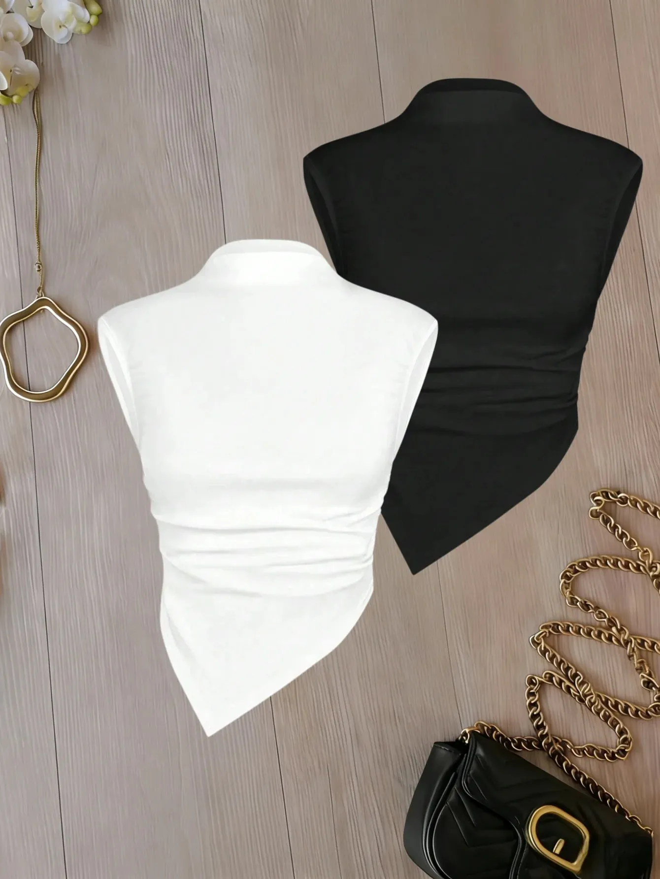 Women Mock Neck Sleeveless Ruched Asymmetrical Hem Crop Top 2 Pack Solid Color Cami Top Set — image 2