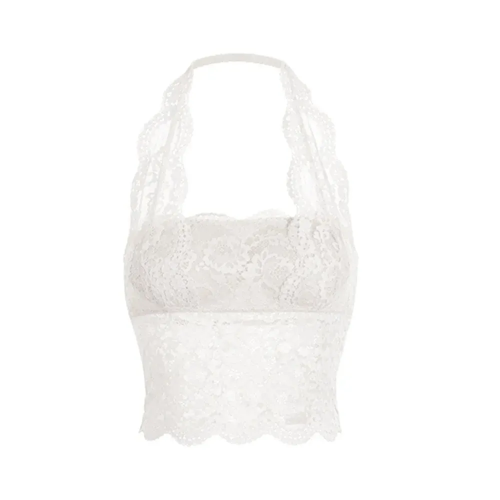 Chest Cushion Top Mesh Flower Lace Camisole Sleeveless Transparent Lace Crop Tops Bottoming Shirt Halter Neck Camisole Ladies — image 9