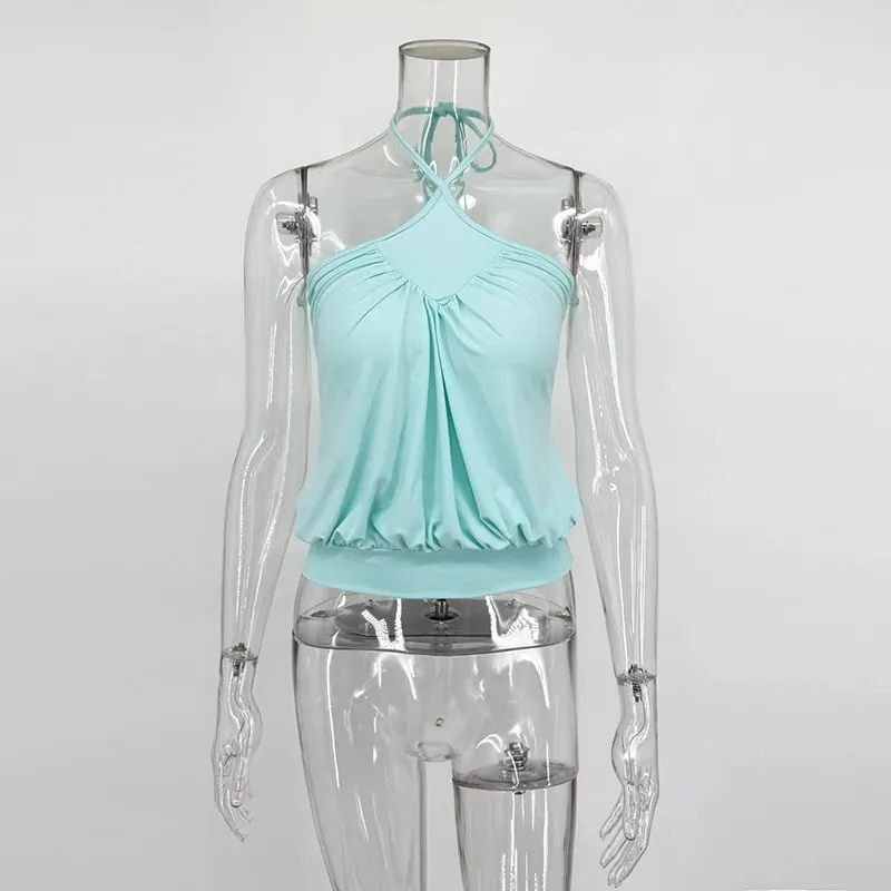 Typhaland Cross Neck-Mounted Camisole Women's Solid Sexy Backless Waist Cinching Pleated Stretch Casual Commuting Female Top