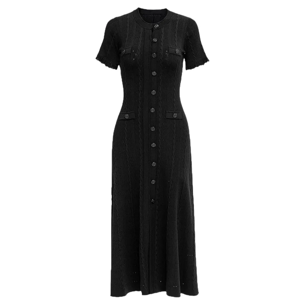Elegant Knitted Dress round Neck Short Sleeve Hollow out Long Dress Ribbed Single Button Knitted Dress Fashionable Commute Style — image 7