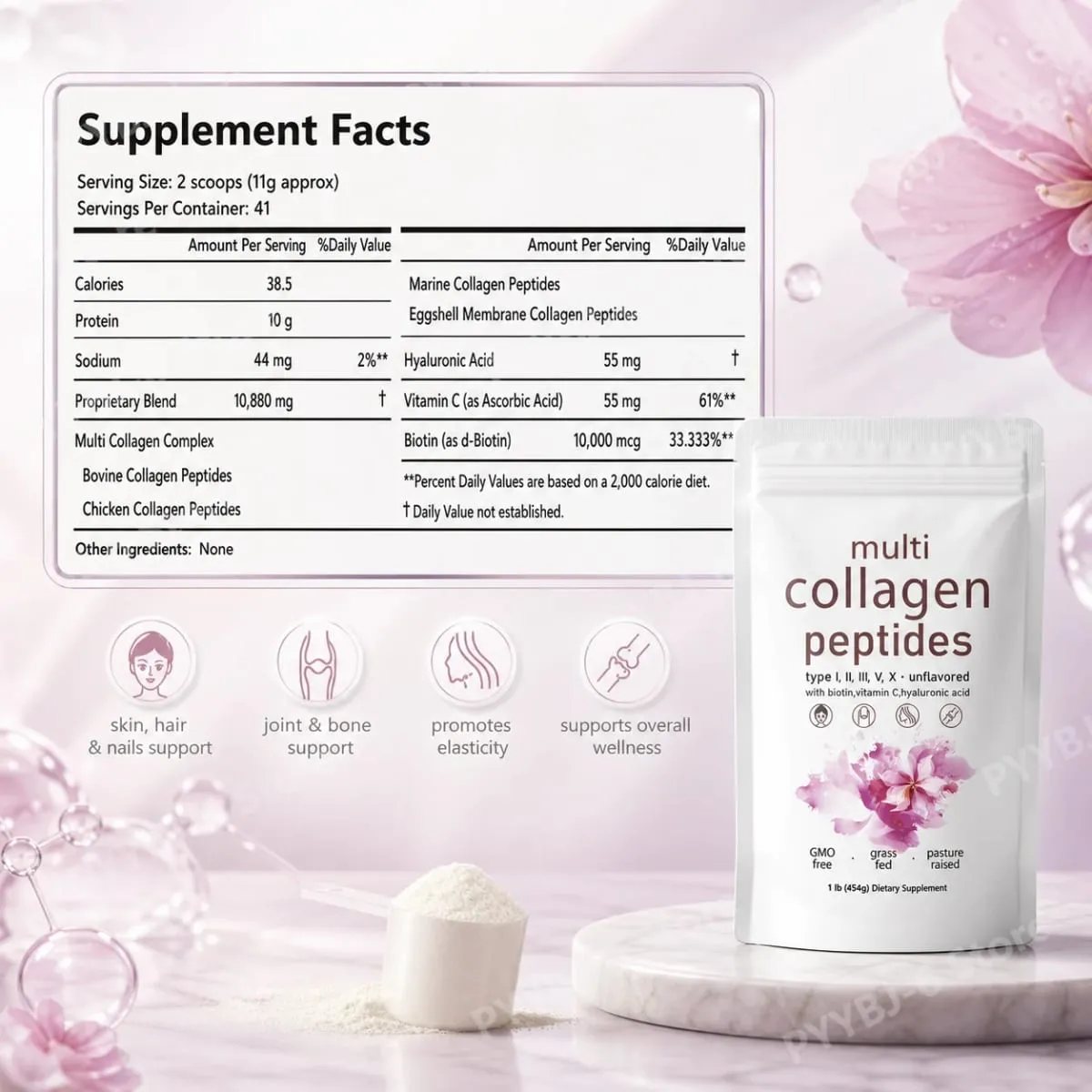 Polvo de péptidos múltiples de colágeno, mezcla de colágeno sin sabor de 454g con vitamina C, biotina, ácido hialurónico, soporte para piel, cabello y uñas