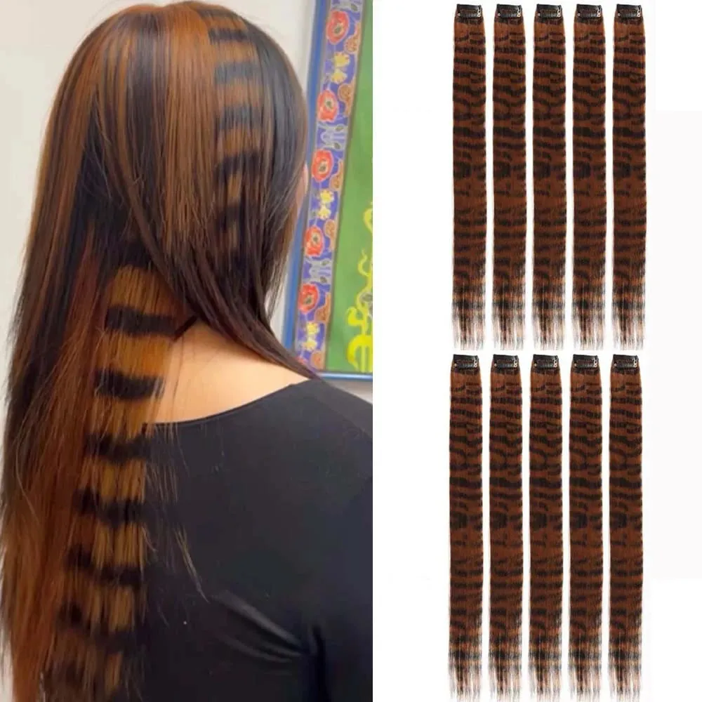 10pcs/set Stripe Printed Hair Colorful Long Straight Hair Pieces Synthetic Clip-in Hair Extensions for Daily Use Party Christmas — image 12