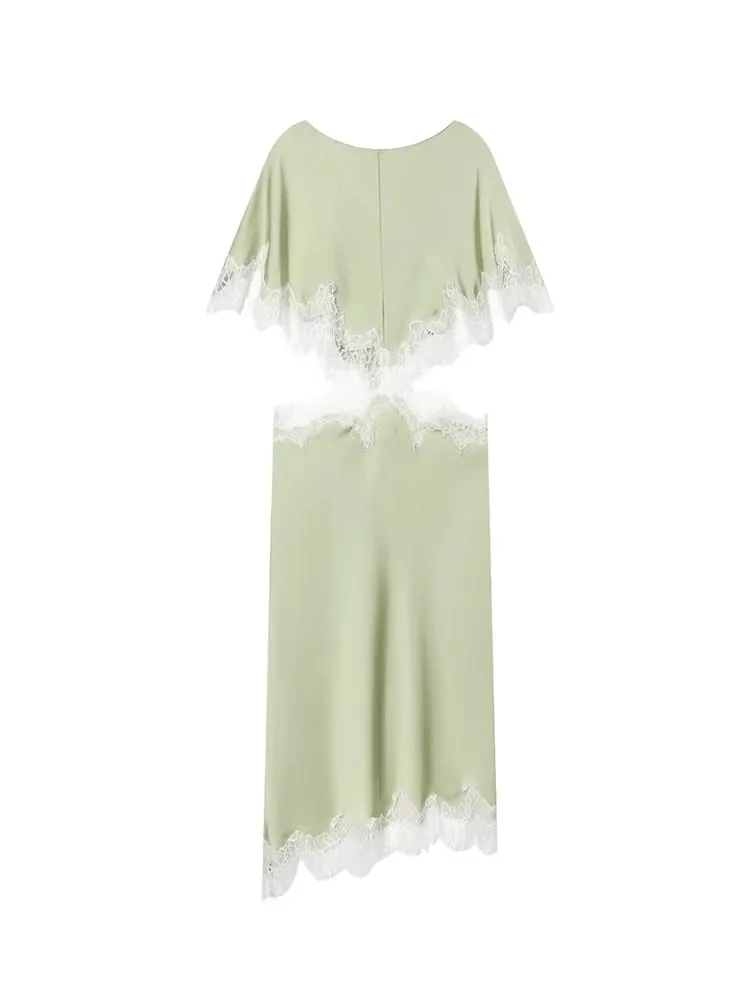 Women's Lace Trim Dress Cloak Sleeve Asymmetric Hem Cut Out Mini Dress Elegant Street Fashion Casual O Neck Dresses — image 6