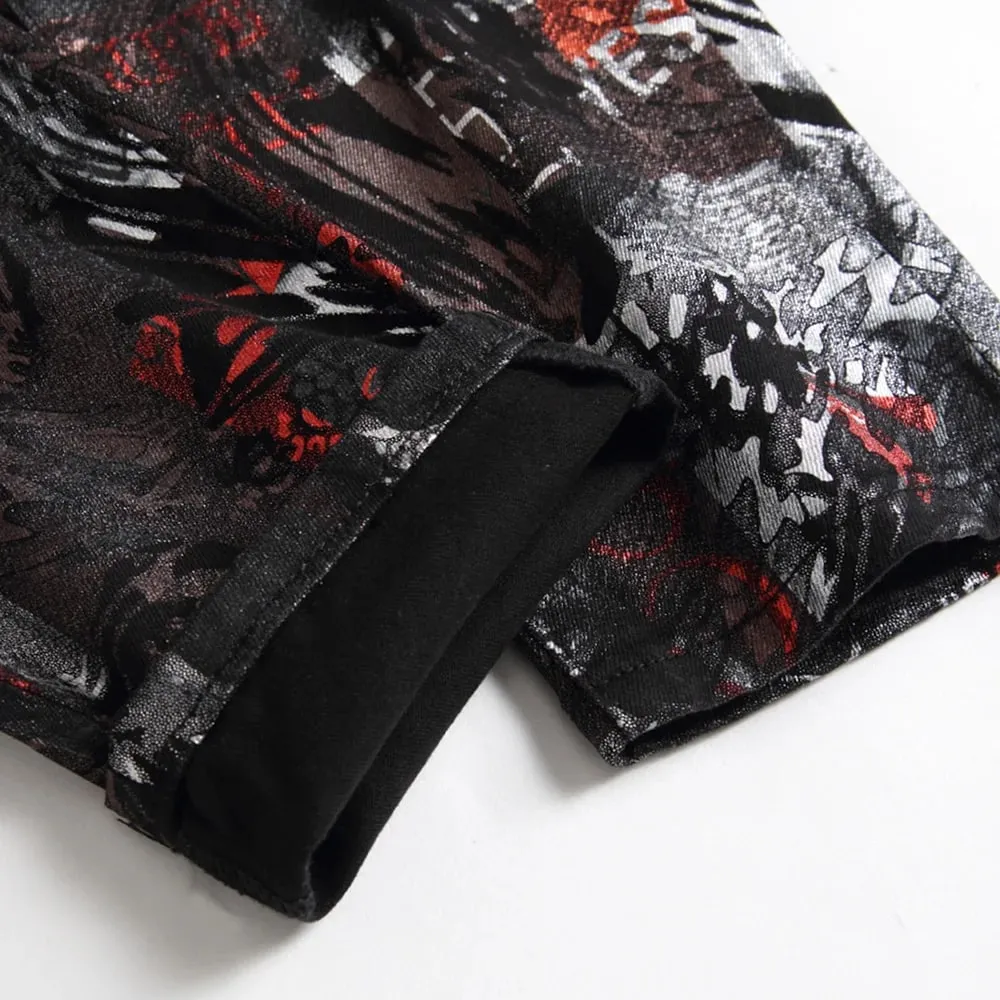Men Coated Denim Jeans Fashion Shinny Leopard Abstract Pattern Printed Pants Slim Tapered Trousers