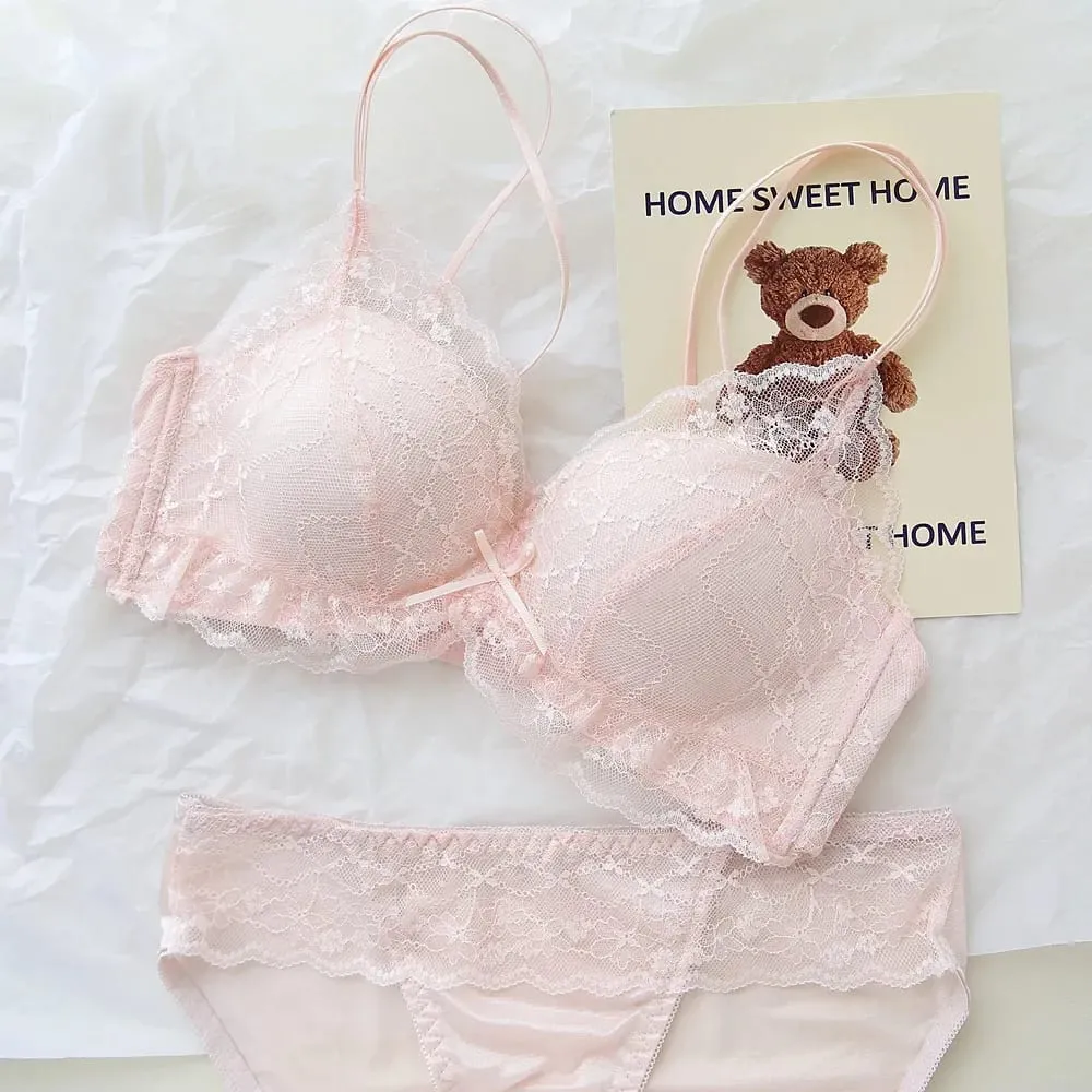 Sweet Sheer Lace Lingerie Set Double Straps Wireless Bra for Small Bust Lift & Gather — image 2