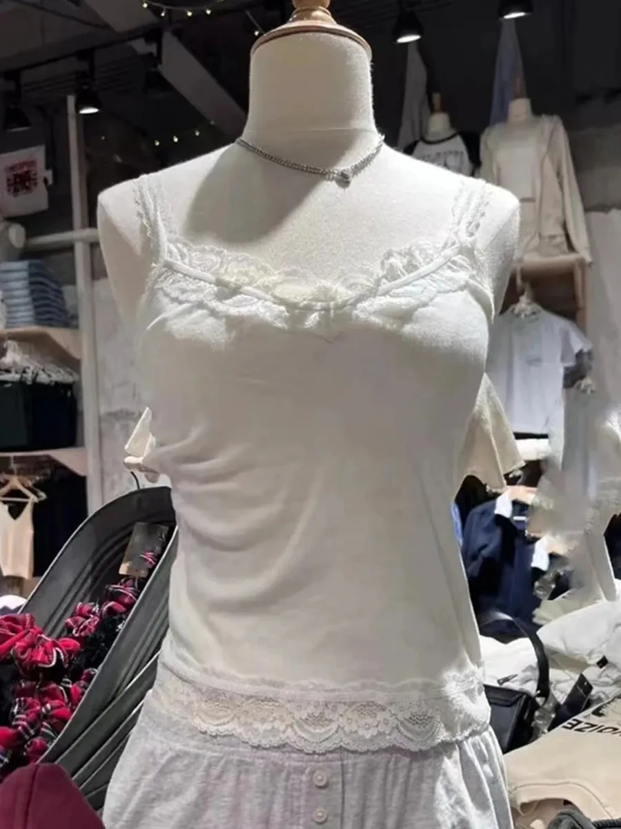 Sweet Lace Patchwork Slim Tank Tops Women Summer White Sexy Simple Cotton Soft Sleeveless Vests Female Vintage Chic Y2K Camisole — image 2