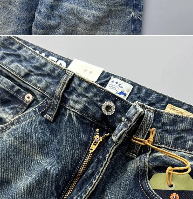 2026 Spring New Arrival Light Blue Straight-Leg Denim Jeans for Men American Retro Washed Blue Denim with Whisker Effect Pants — image 5