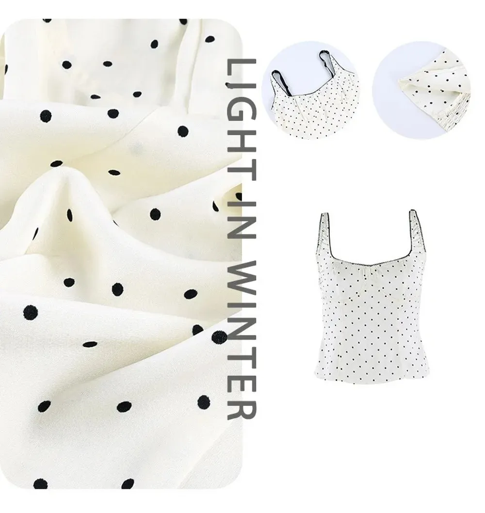 Street Chic Spaghetti Strap Polka Dot Tank Top Square Neck Slim Cropped Sleeveless Silk Vest Off-shoulder Lace Camis Female
