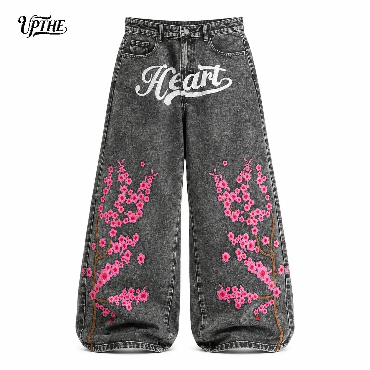 UP.THE Men Baggy Wide Leg Jeans Vintage Washed Black Gray Denim Pants Y2K Loose Cherry Blossom Embroidery Heart Letter Print Streetwear Jeans for Daily Hip Hop Casual Outfits
