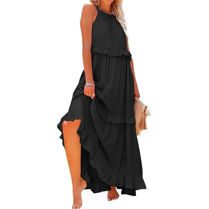 Women Casual Solid Ruffles Long Dress Summer Elegant Sleeveless Sundress Elegant Harajuku Maxi Dress Beach Party Evening Vestido