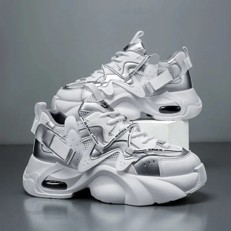 Men's Casual Sneakers with Large Mesh Breathable Upper Metallic Texture and Contrasting Color Stitching and Trendy Webbing Accents. Thick Air-Cushioned Soles Provide Both Height Increase and Shock Absorption Making Them Suitable for Street — image 2