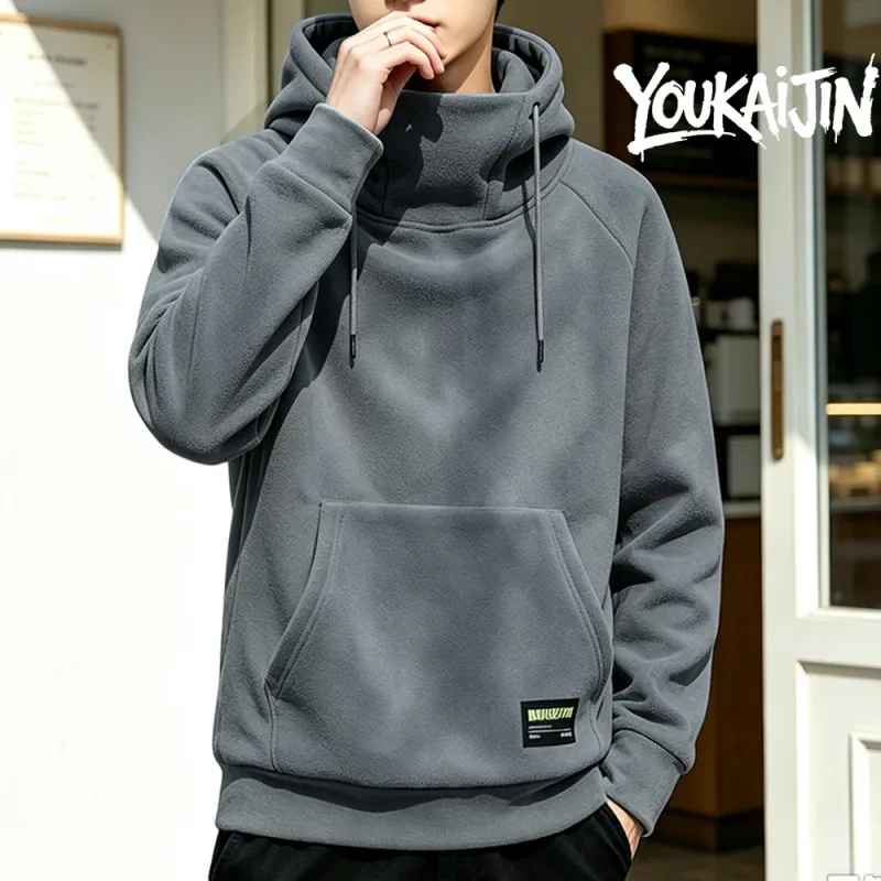 Men's Polar Fleece Sweatshirt Solid Color Street Style Autumn Winter Hood Sports Windproof Oversized High Collar Hoodie 5XL — image 19