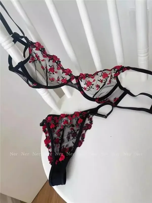 French Elegant Lingerie Set-Floral Embroidery Semi-Transparent Bra & Brief Black Sensual Women's Underwear Luxury Intimates — image 18