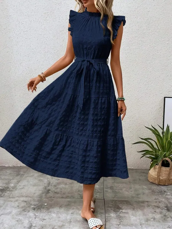 2026 Summer Fashion Flutter Sleeve Women Stand Collar Ruffles Solid Color Elegant Loose Long Dress Lace-up Texture Party Dresses — image 8