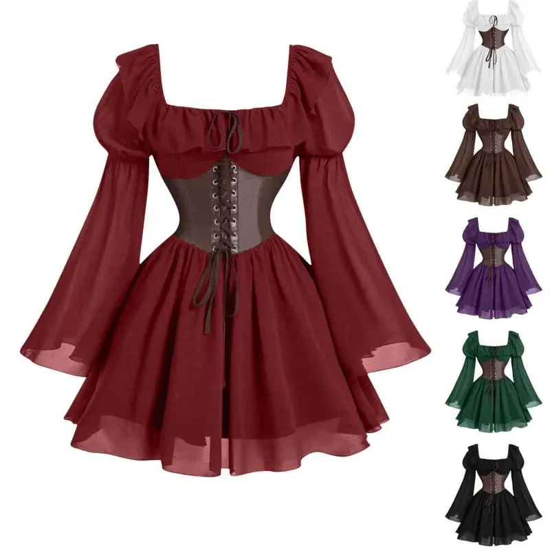 Renaissance Period Medieval New Long Sleeved Women's Bubble Sleeve Dress Halloween Fashion Retro New Party Waist Cinched Skirt — image 2