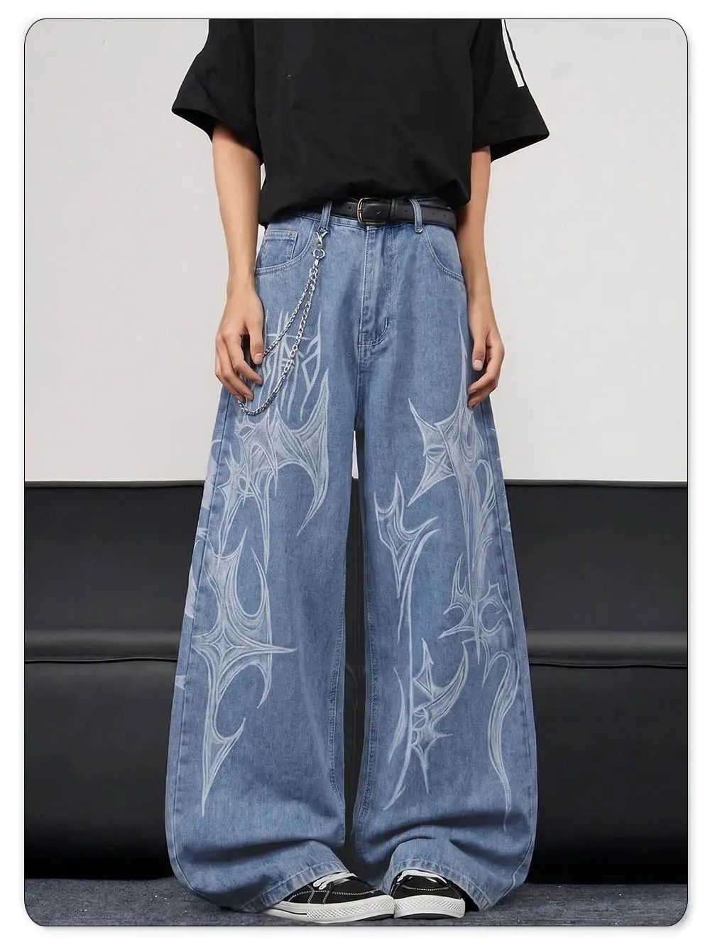 Men's Casual Spiral Graffiti Print Hip Hop Oversized Baggy Wide Leg Jeans Trendy Casual Slop Lazy Street Daily Denim Pants — image 7